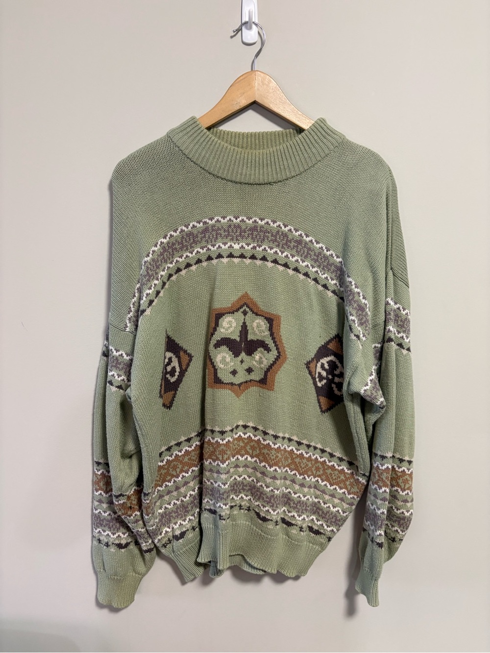 Vintage Sage Green Geometric Knit Crewneck Sweater Size L